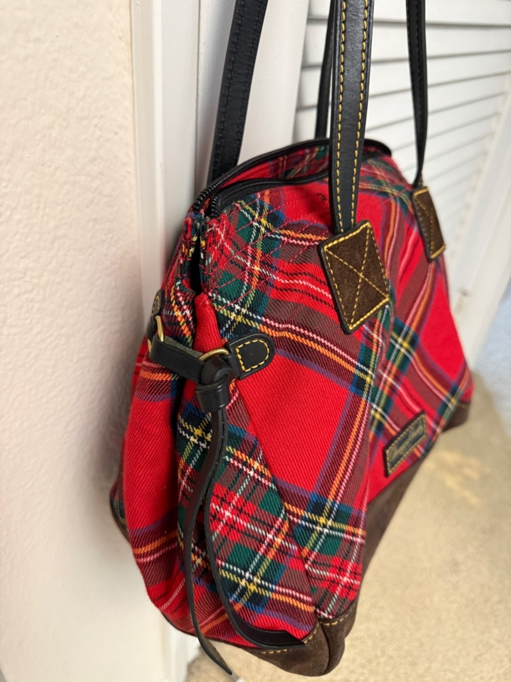 Dooney & Bourke Red Plaid Tartan Tote Shoulder Bag Leather Trim Satchel - Picture 4 of 7